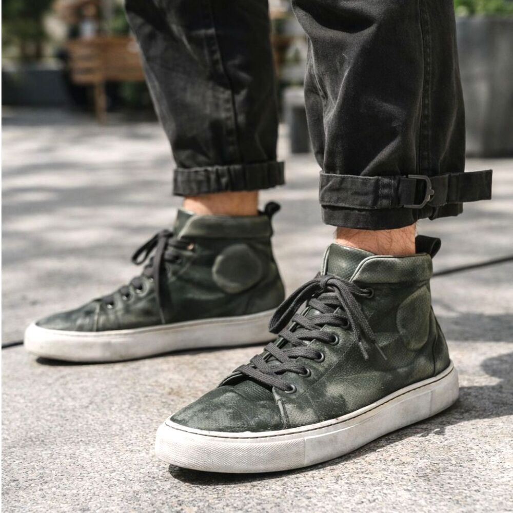 Aether Green Leather Distressed High Top Sneaker Shoes   Mens Size 8
